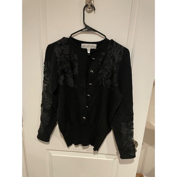 Vintage Jennifer Roberts wool jeweled cardigan 1980s black size 8 - Picture 4 of 7